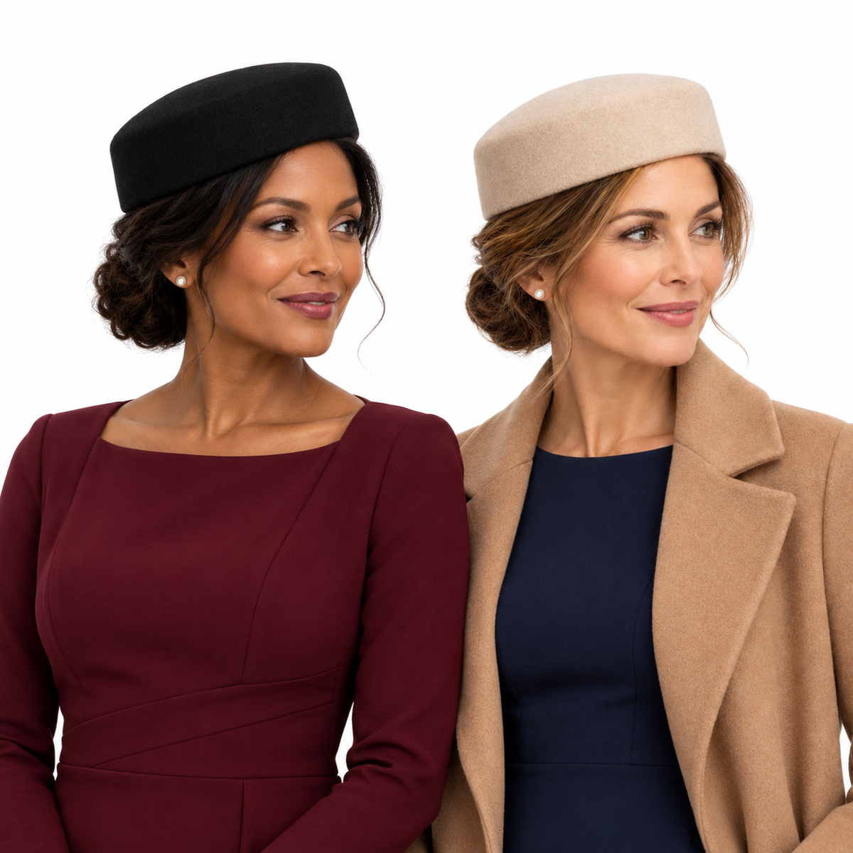 2pcs Women’s 100% Wool Pillbox Hat Set Black and Beige Vintage Style