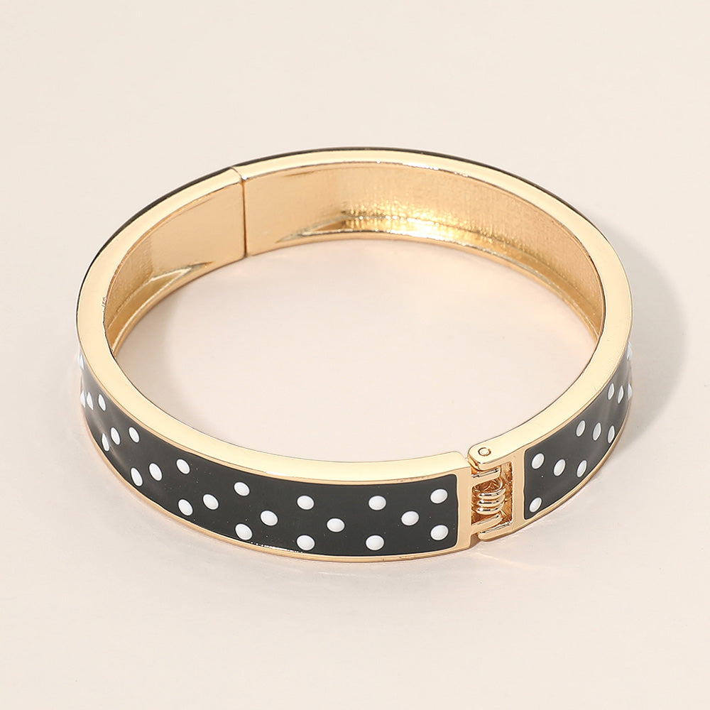 Black White Polka Dot Gold Plated Hinged Bangle Bracelet