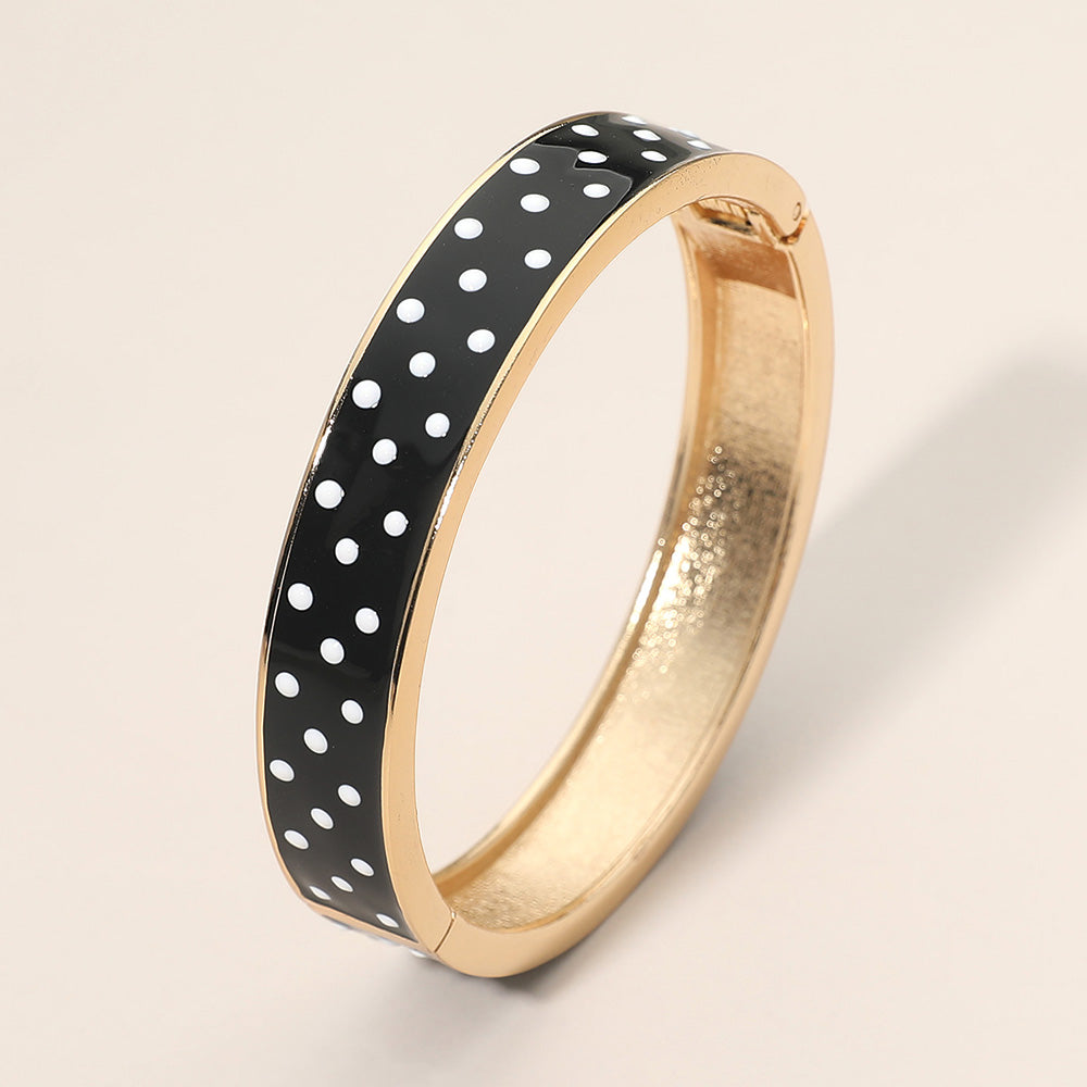 Black White Polka Dot Gold Plated Hinged Bangle Bracelet