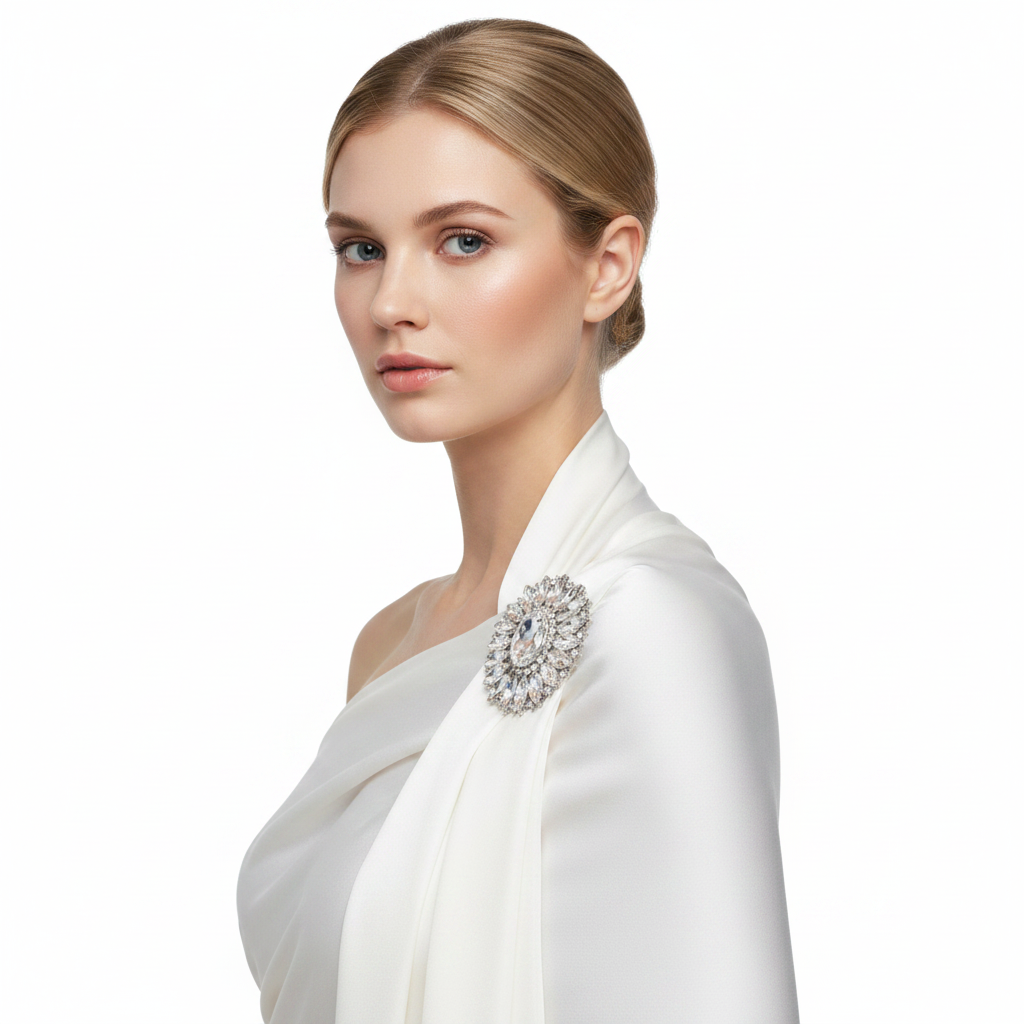 Blonde woman wearing clear silver sunburst brooch on silk scarf