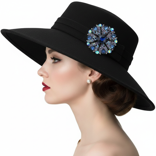 Blue Crystal Brooch on Wide-Brim Hat