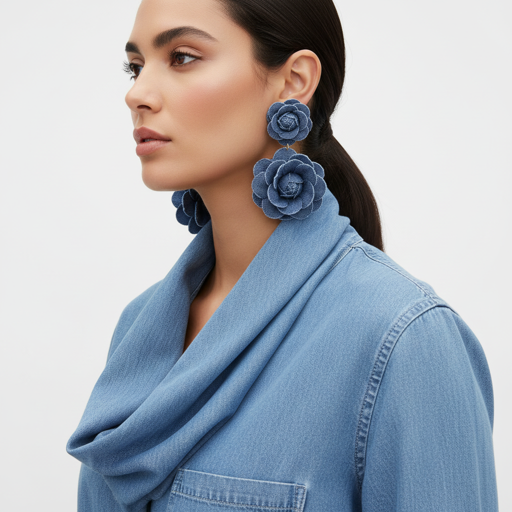Blue Denim Rose Earrings – Side Lifestyle