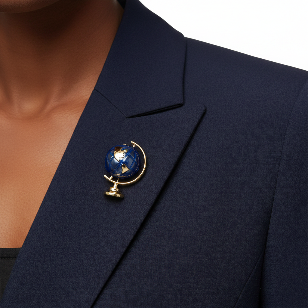 Blue Enamel Globe Brooch – Front Lifestyle