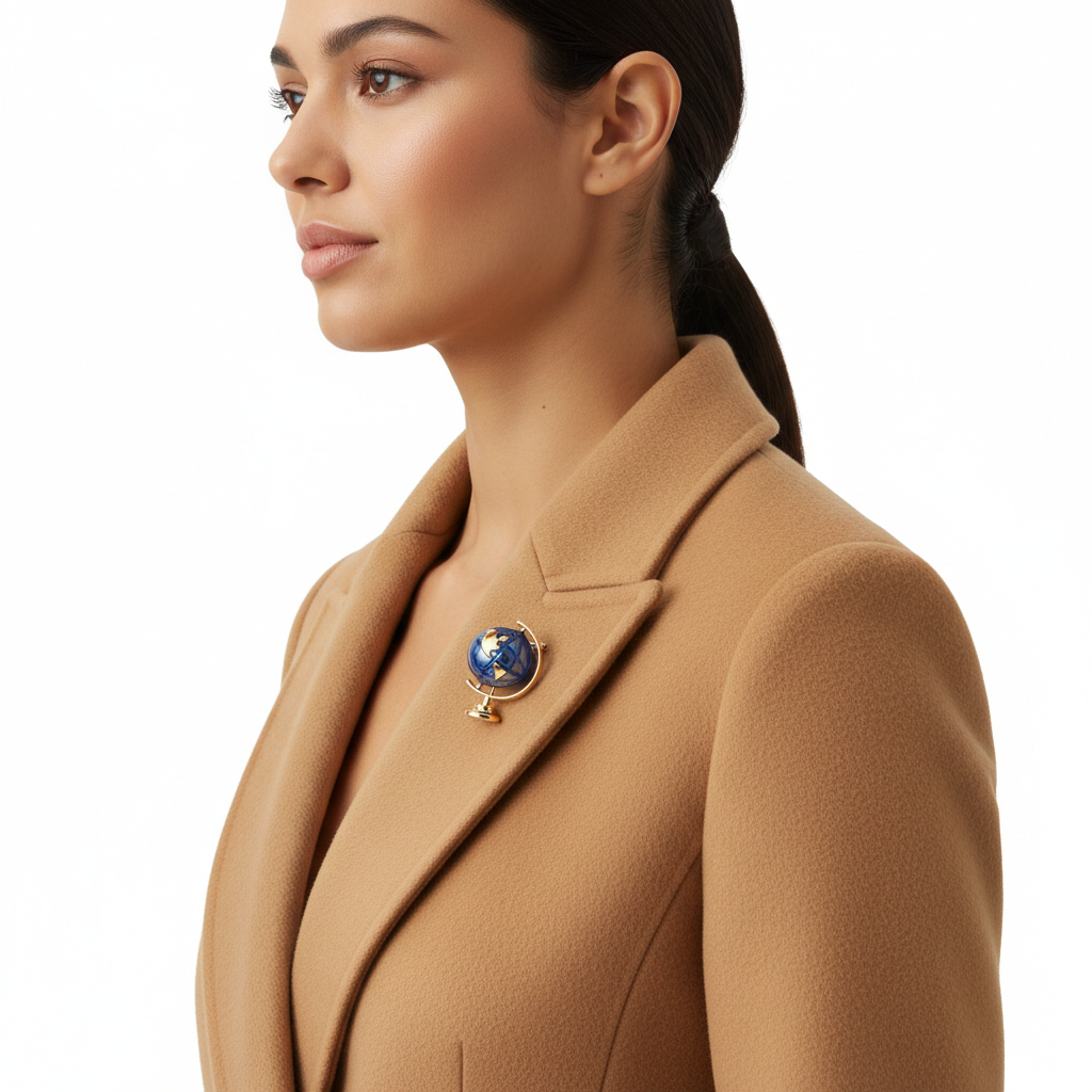 Blue Enamel Globe Brooch – Side Lifestyle