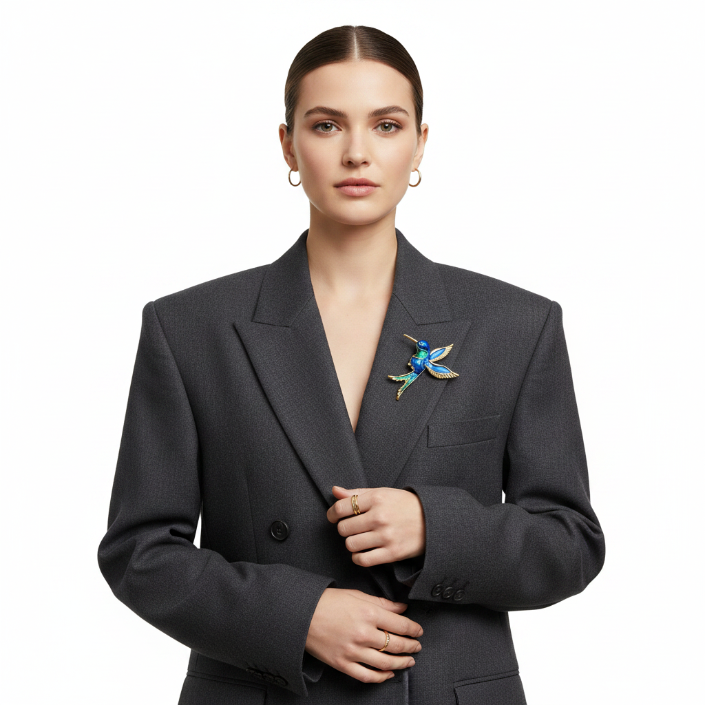Blue hummingbird brooch on blazer lapel