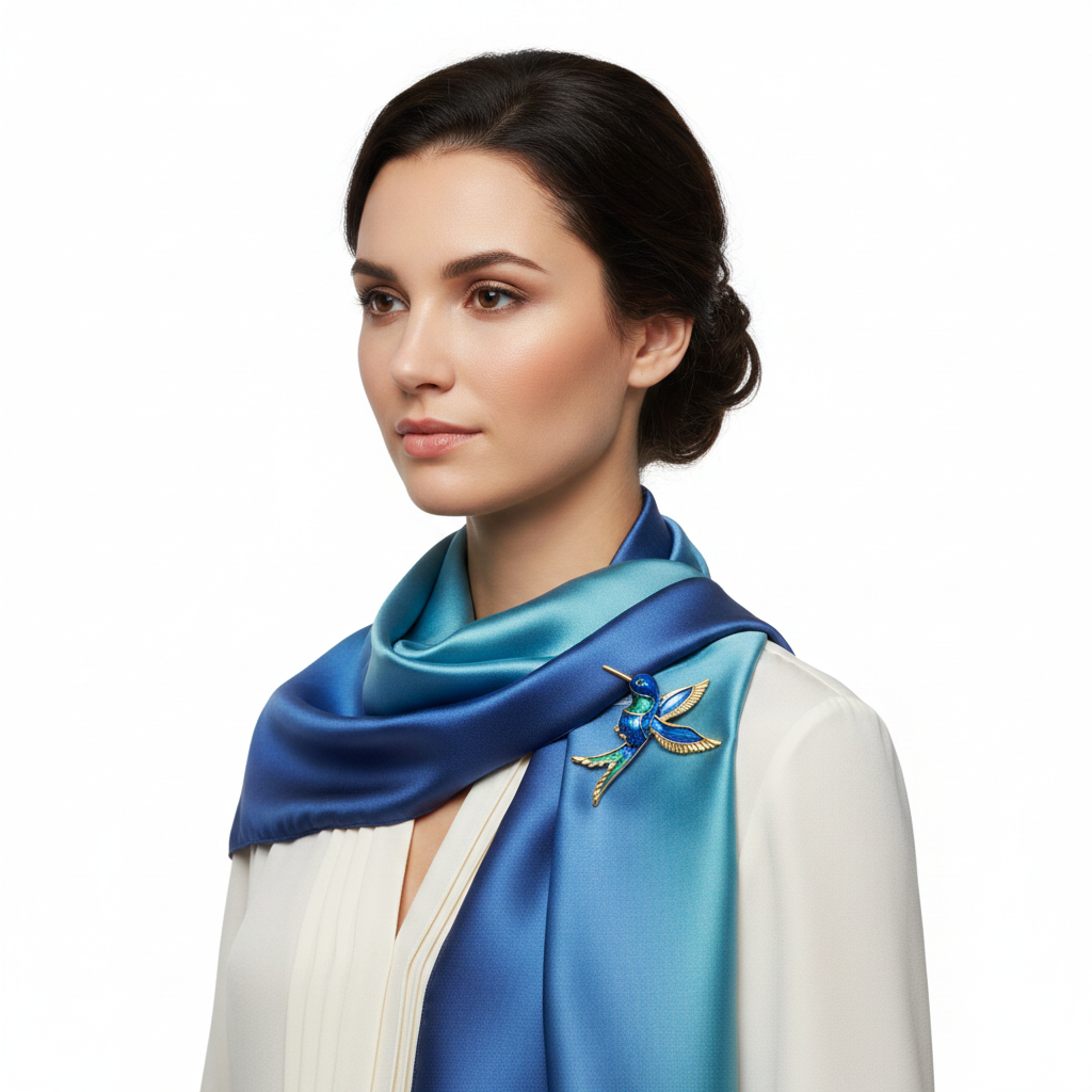 Blue hummingbird brooch on silk scarf