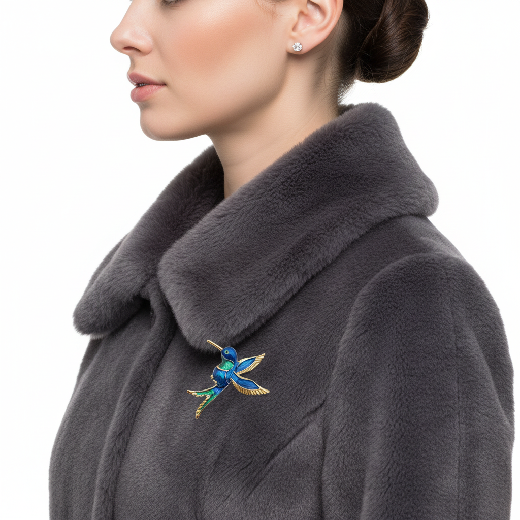 Blue hummingbird brooch on winter coat
