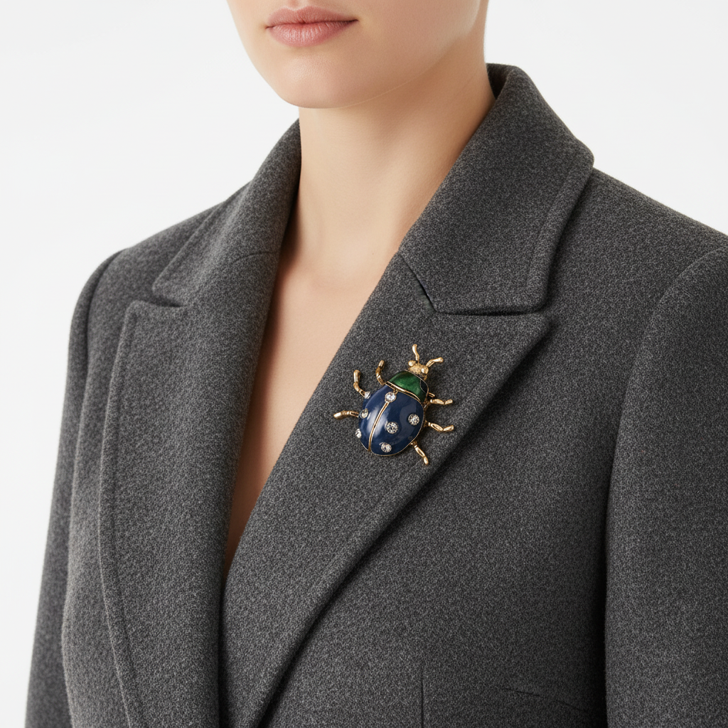Blue ladybug brooch on wool coat