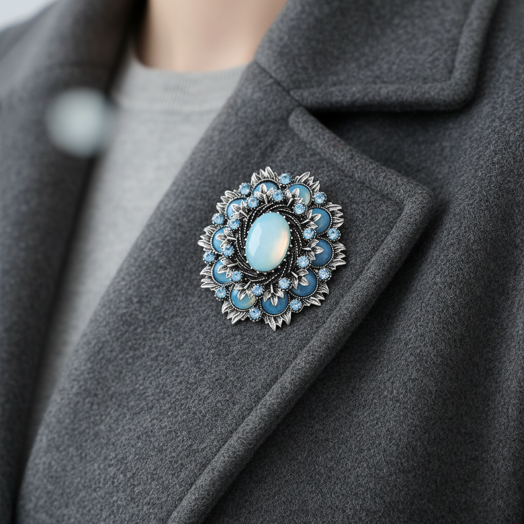 Blue Opalite Brooch on Charcoal Coat