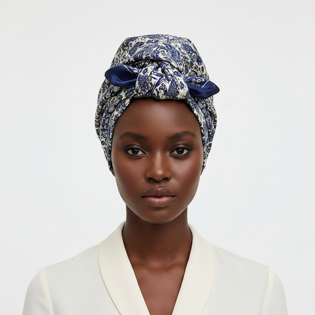 Blue Paisley Scarf as Head Wrap – Front