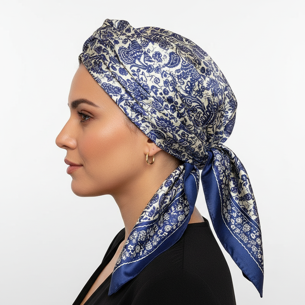 Blue Paisley Scarf as Head Wrap – Side