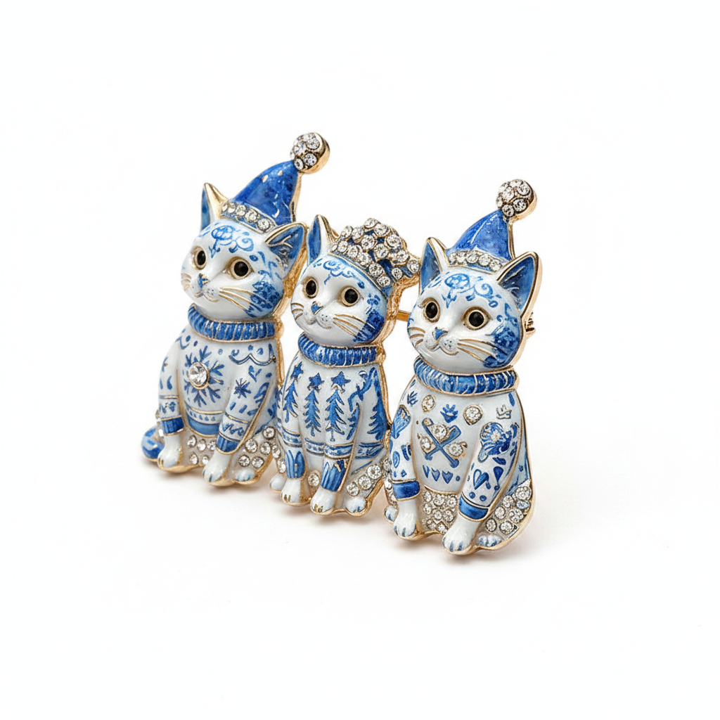 Blue Porcelain Cat Brooch – Angle Product Shot