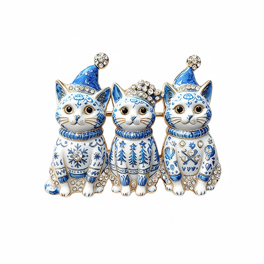 Blue Porcelain Cat Brooch – Front Product Shot