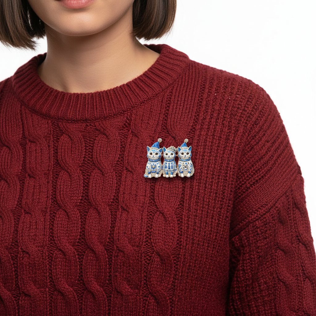Blue Porcelain Cat Brooch – Holiday Sweater Lifestyle