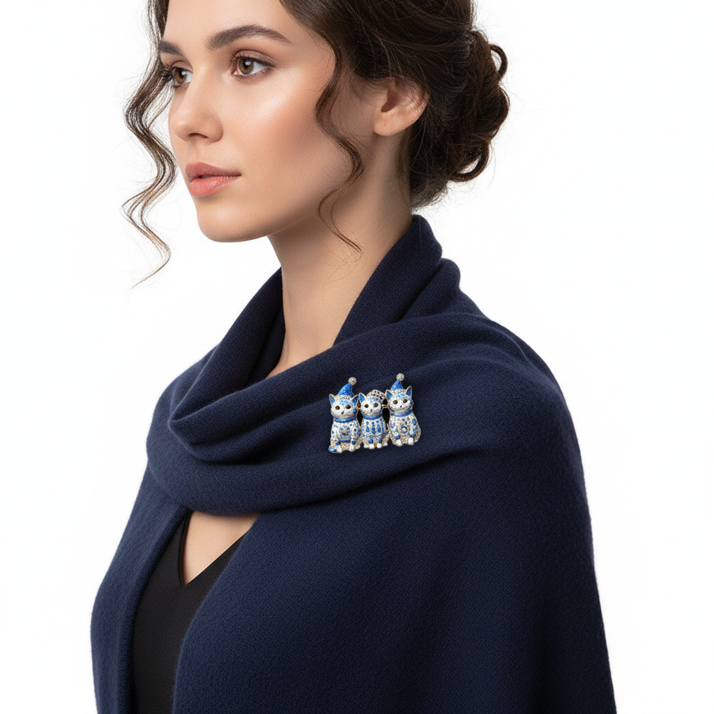 Blue Porcelain Cat Brooch – Side Lifestyle