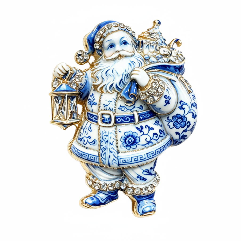 Blue Porcelain Santa Brooch