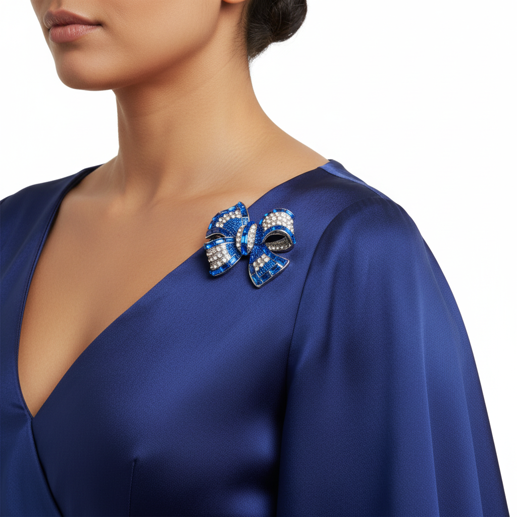 Blue Rhinestone Bow Brooch Lifestyle