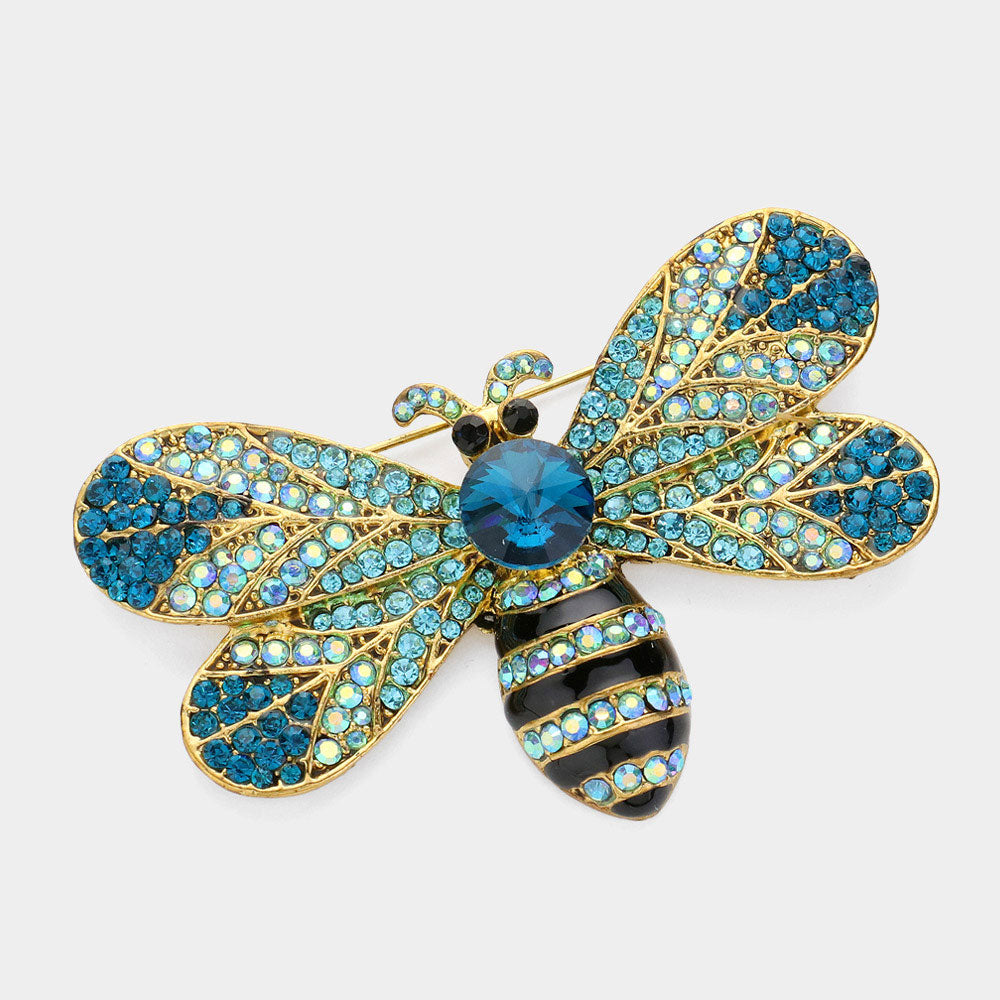 2pcs Crystal Bumble Bee Brooch Set Blue and Multicolor Rhinestone Pins