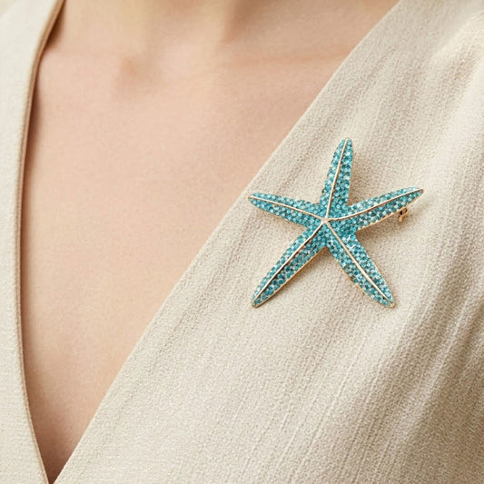 2pcs Rhinestone Starfish Pin Brooch Set (Blue & Gold)