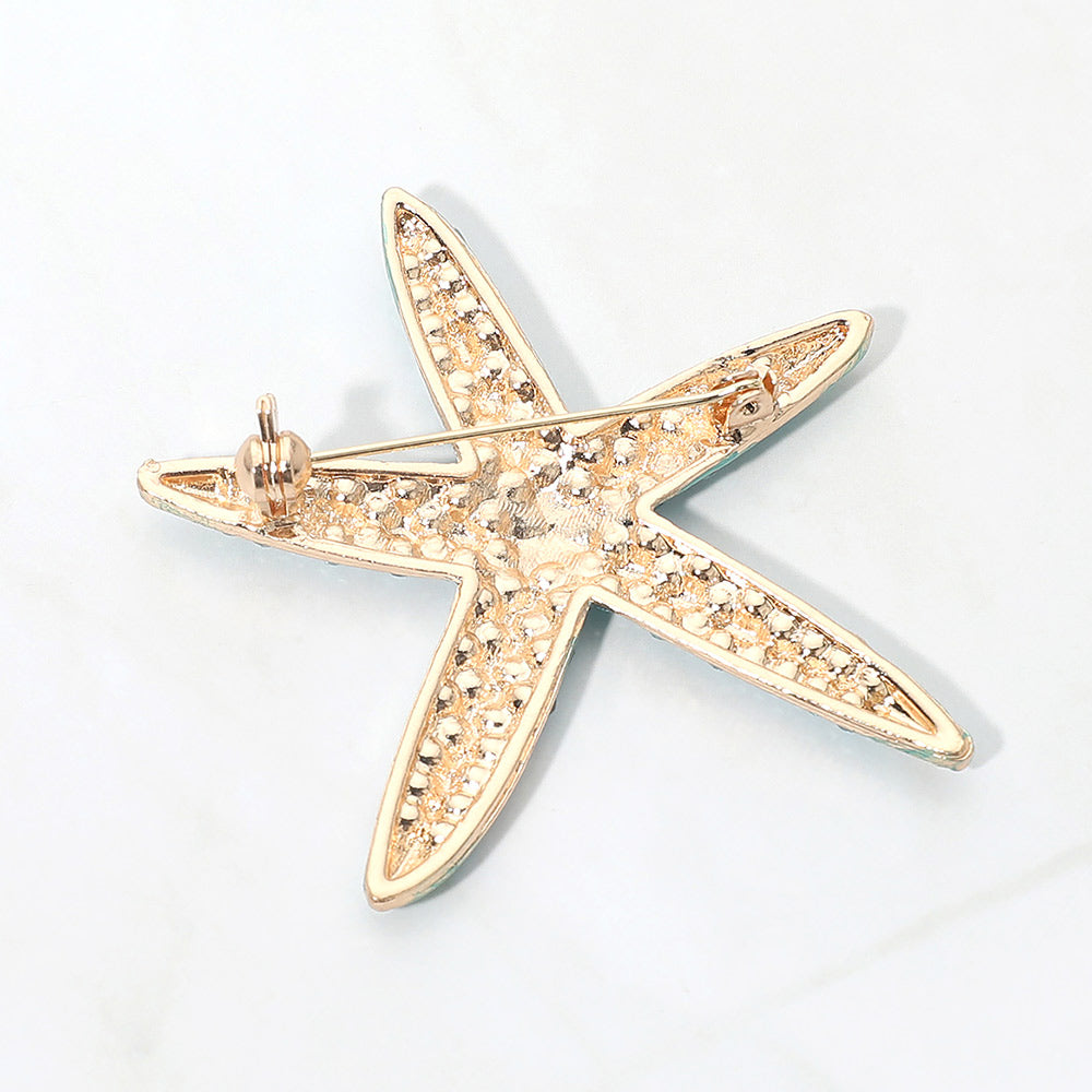 2pcs Rhinestone Starfish Pin Brooch Set (Blue & Gold)