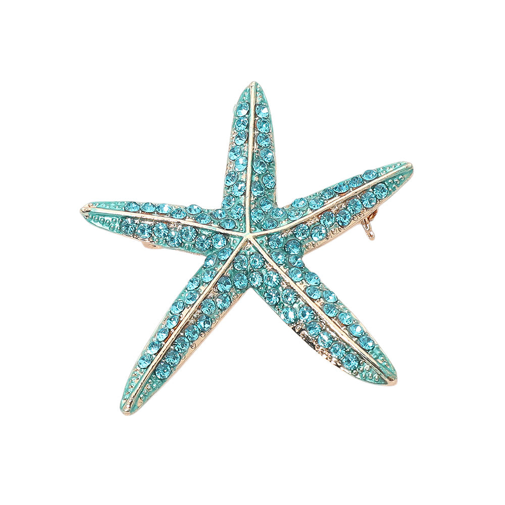2pcs Rhinestone Starfish Pin Brooch Set (Blue & Gold)