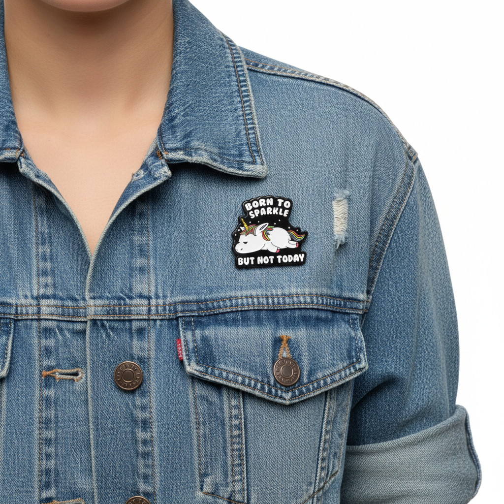 Born to Sparkle Unicorn Pin on Denim Jacket