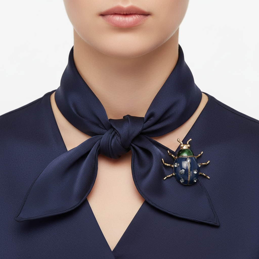 Both ladybug brooches on silk scarf