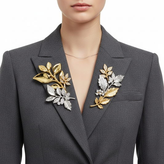 Both leaf brooches on jacket lapel