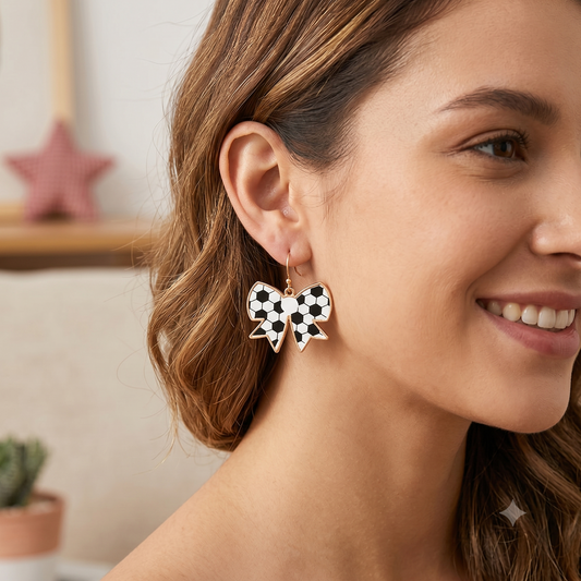Soccer Bow Charm Drop Dangle Earrings Gold Tone Sporty Bow Soccer Ball Earrings Game Day Fan Jewelry Cute Athletic Statement Earrings