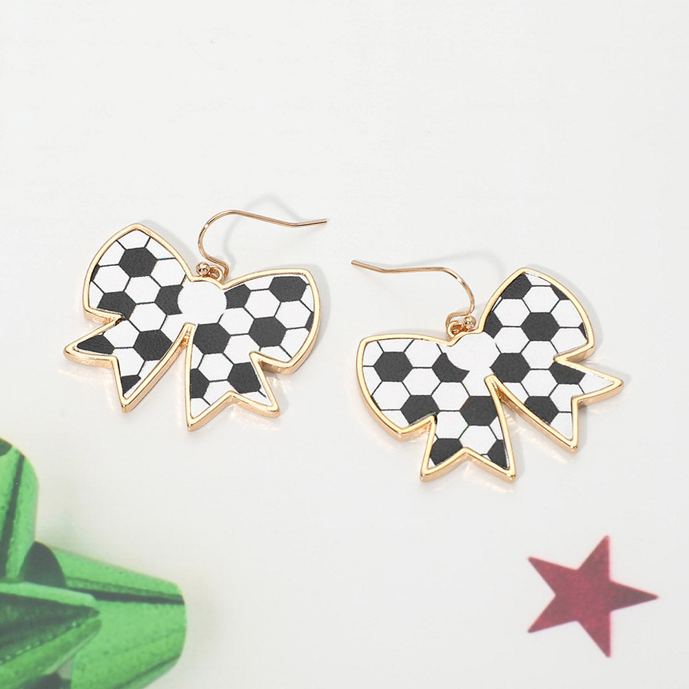 Soccer Bow Charm Drop Dangle Earrings Gold Tone Sporty Bow Soccer Ball Earrings Game Day Fan Jewelry Cute Athletic Statement Earrings