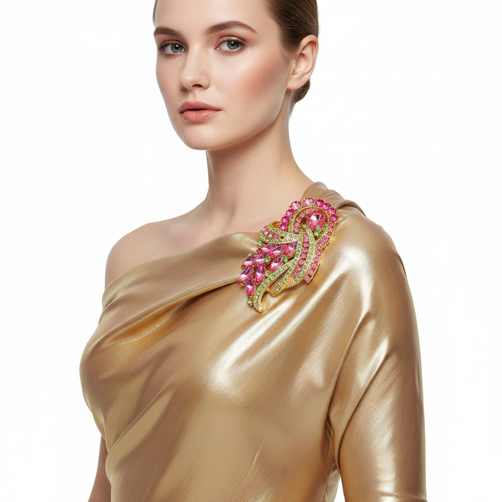 Brooch anchoring silk scarf