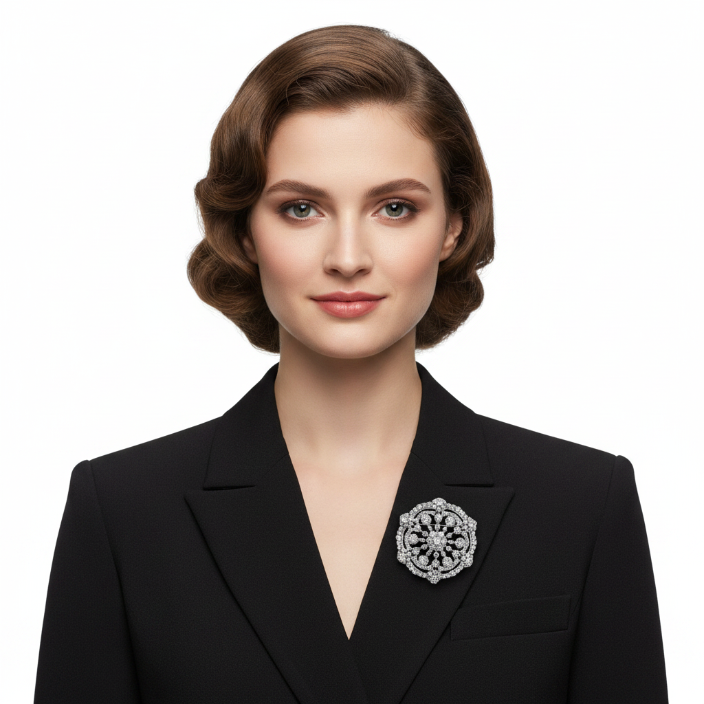 Brooch on black blazer lapel