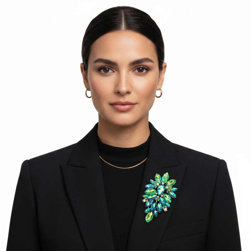 Brooch on black blazer lapel