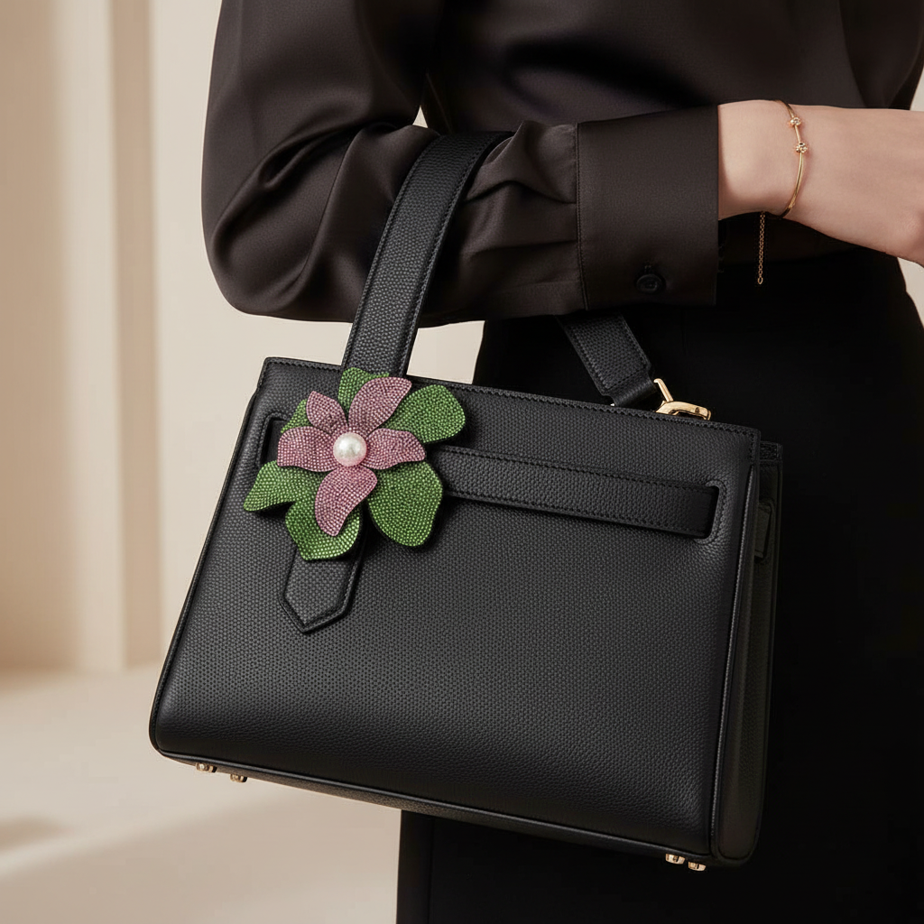 Brooch on black handbag strap