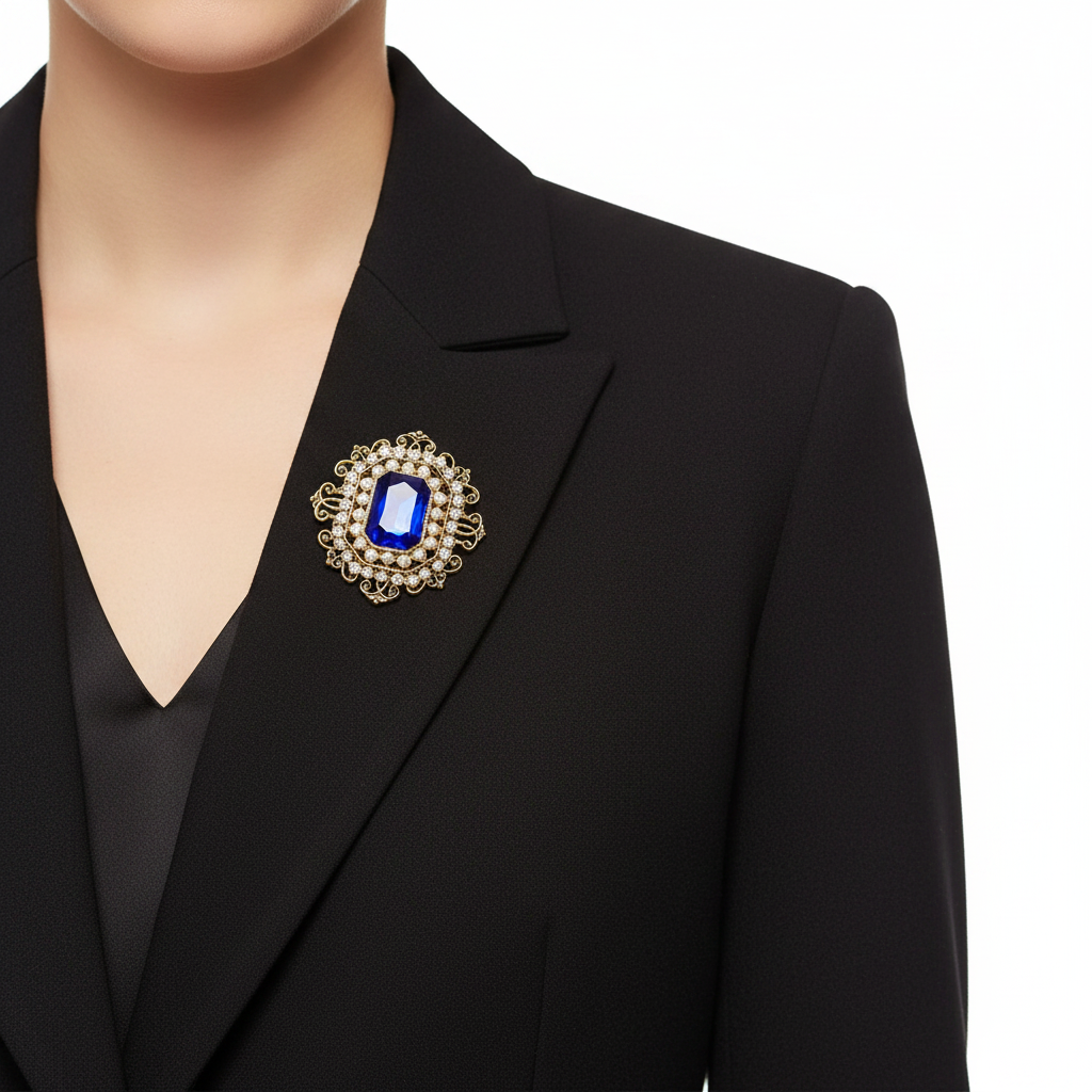 Brooch on blazer lapel - front