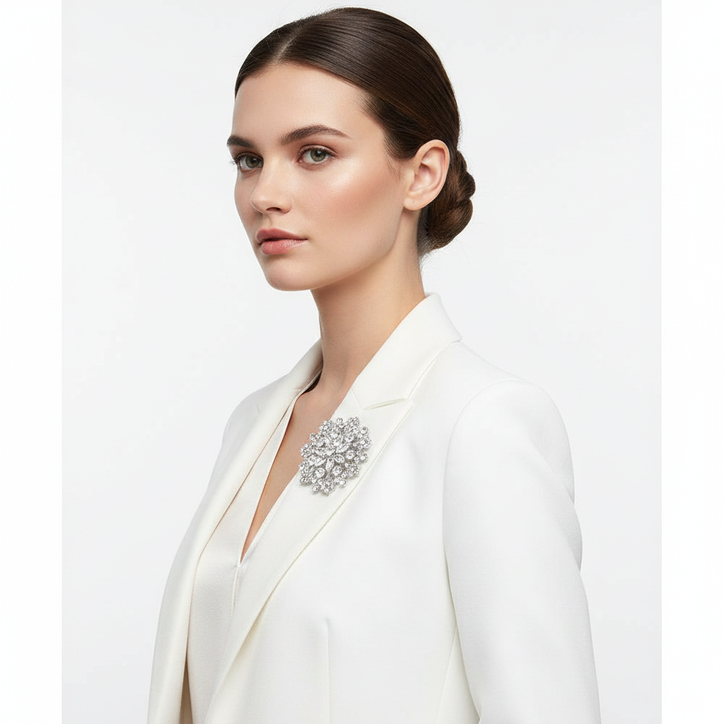 Brooch on blazer shoulder, side view