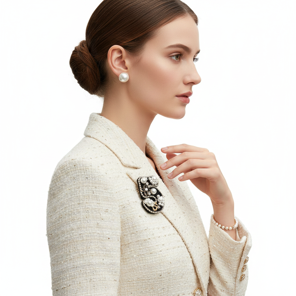 Brooch on cream tweed jacket side view