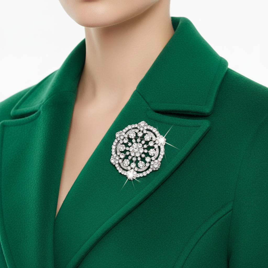Brooch on emerald green coat