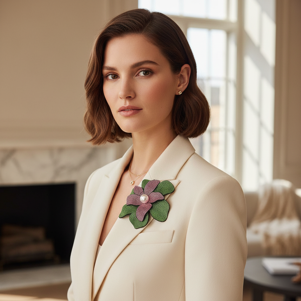 Brooch on ivory blazer lapel