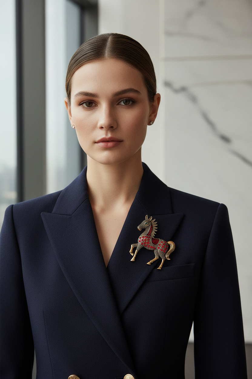 Brooch on Navy Blazer