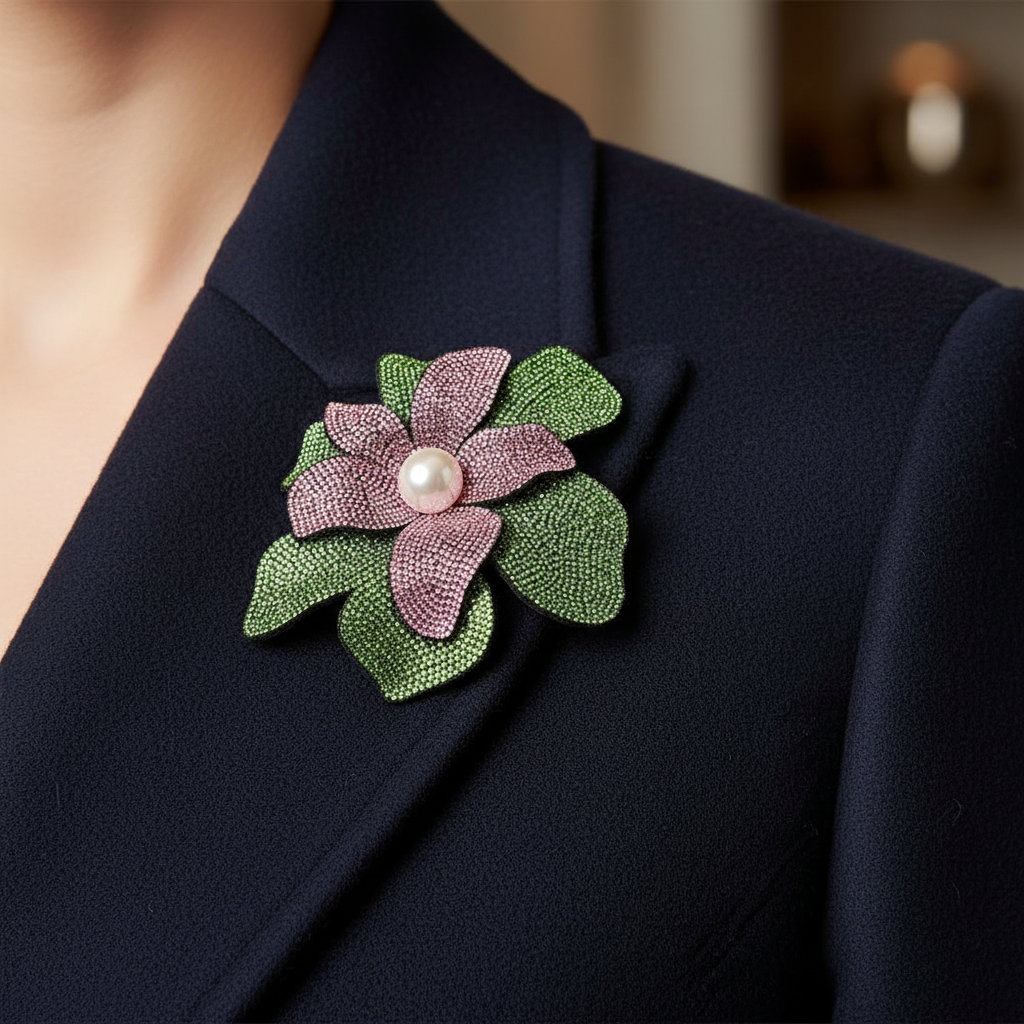 Brooch on navy coat lapel