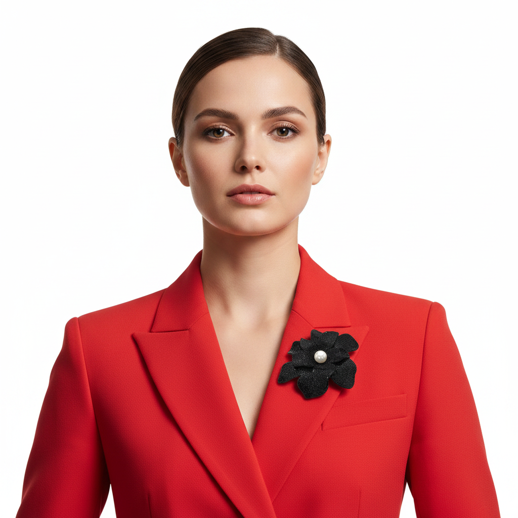 Brooch on red blazer