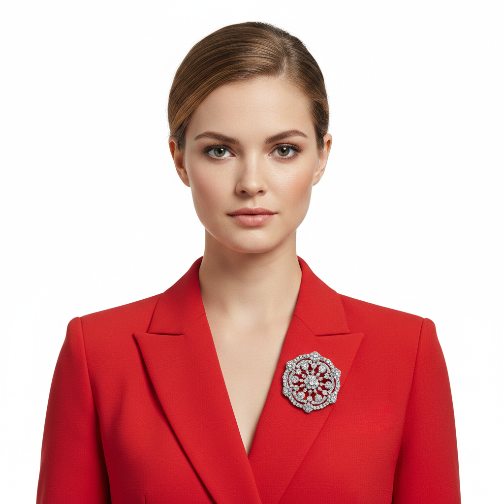 Brooch on red blazer