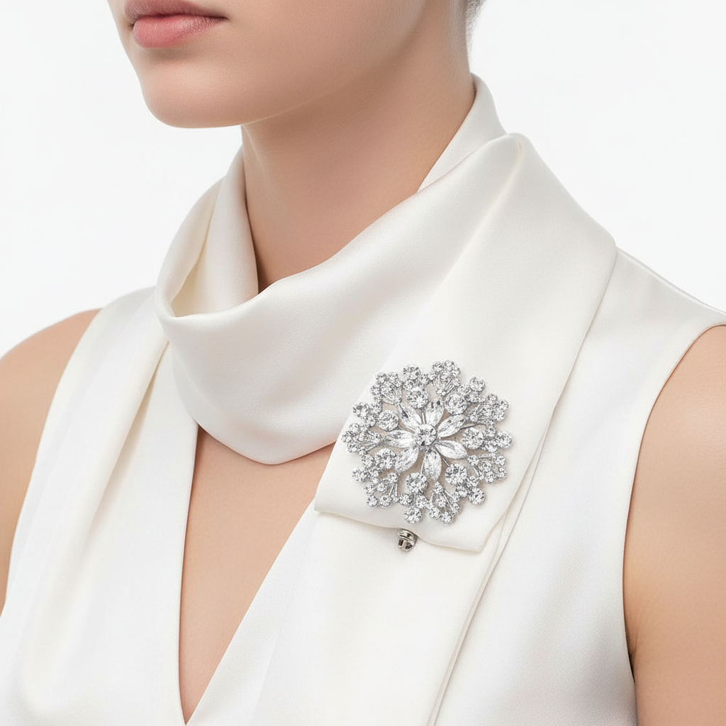 Brooch on silk scarf, close-up
