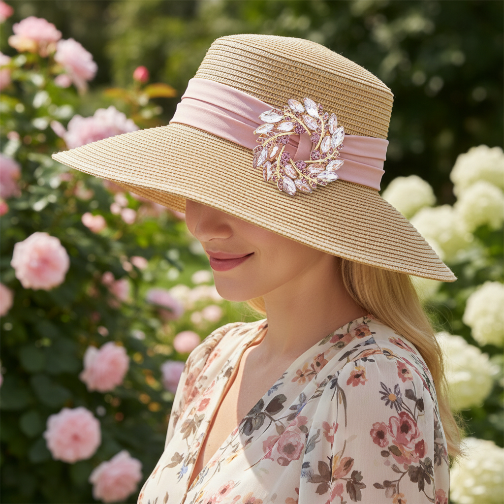 Brooch on sun hat