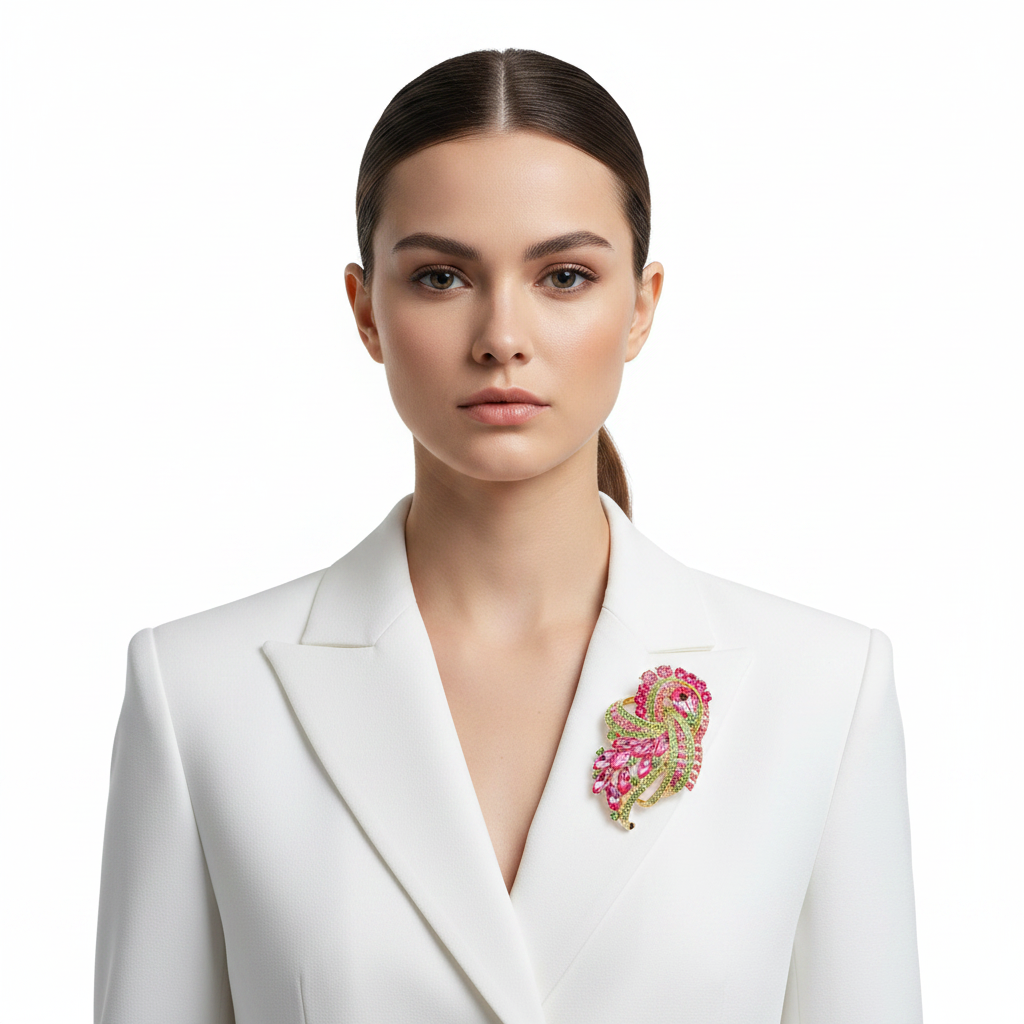 Brooch on white blazer lapel