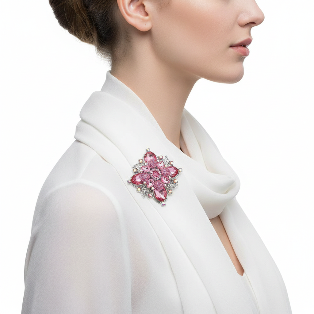 Brooch on White Chiffon Scarf – Side