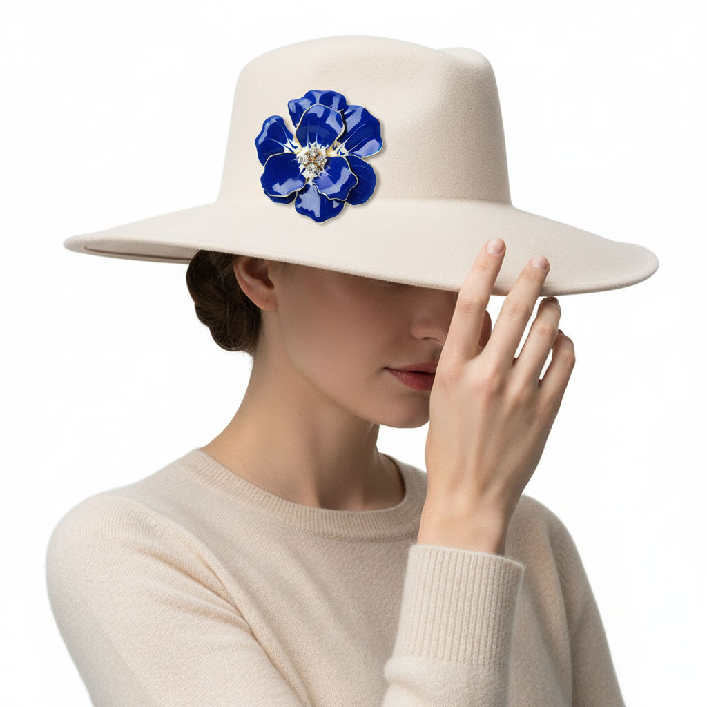 Brooch on wide-brim hat