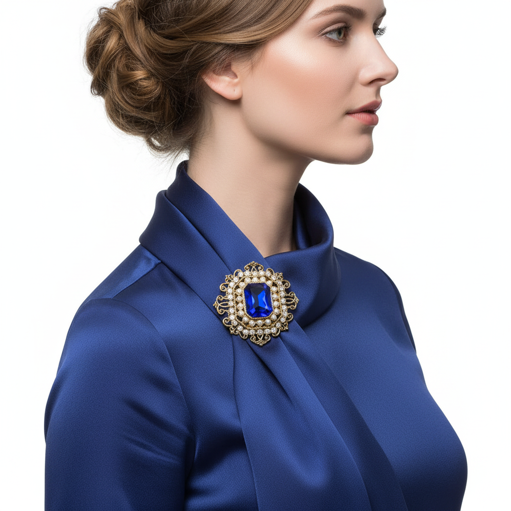 Brooch securing silk scarf - side