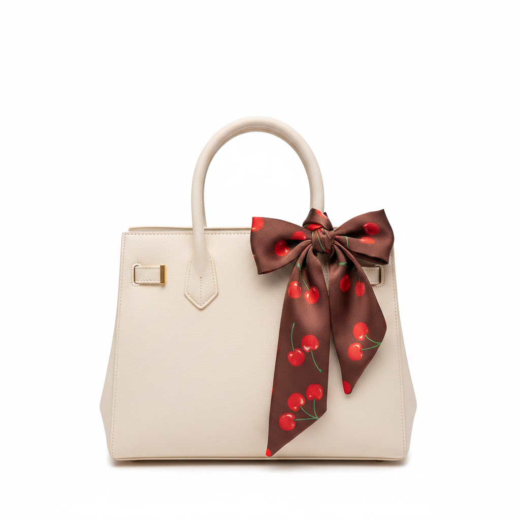 Brown cherry scarf on bag, front
